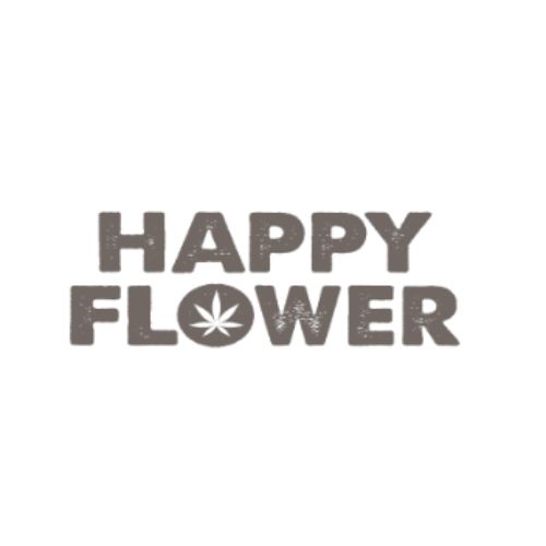Happy Flower text with leaf design.