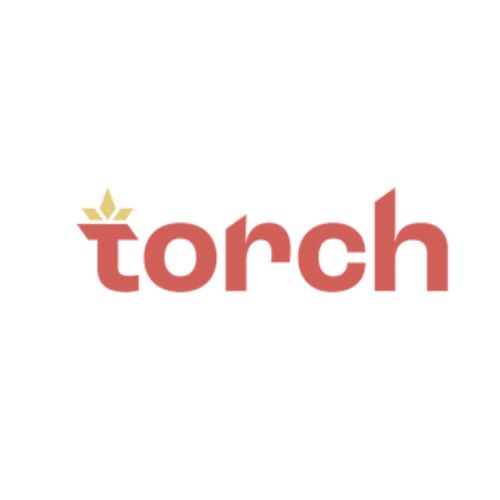 Red "torch" logo with yellow flame.